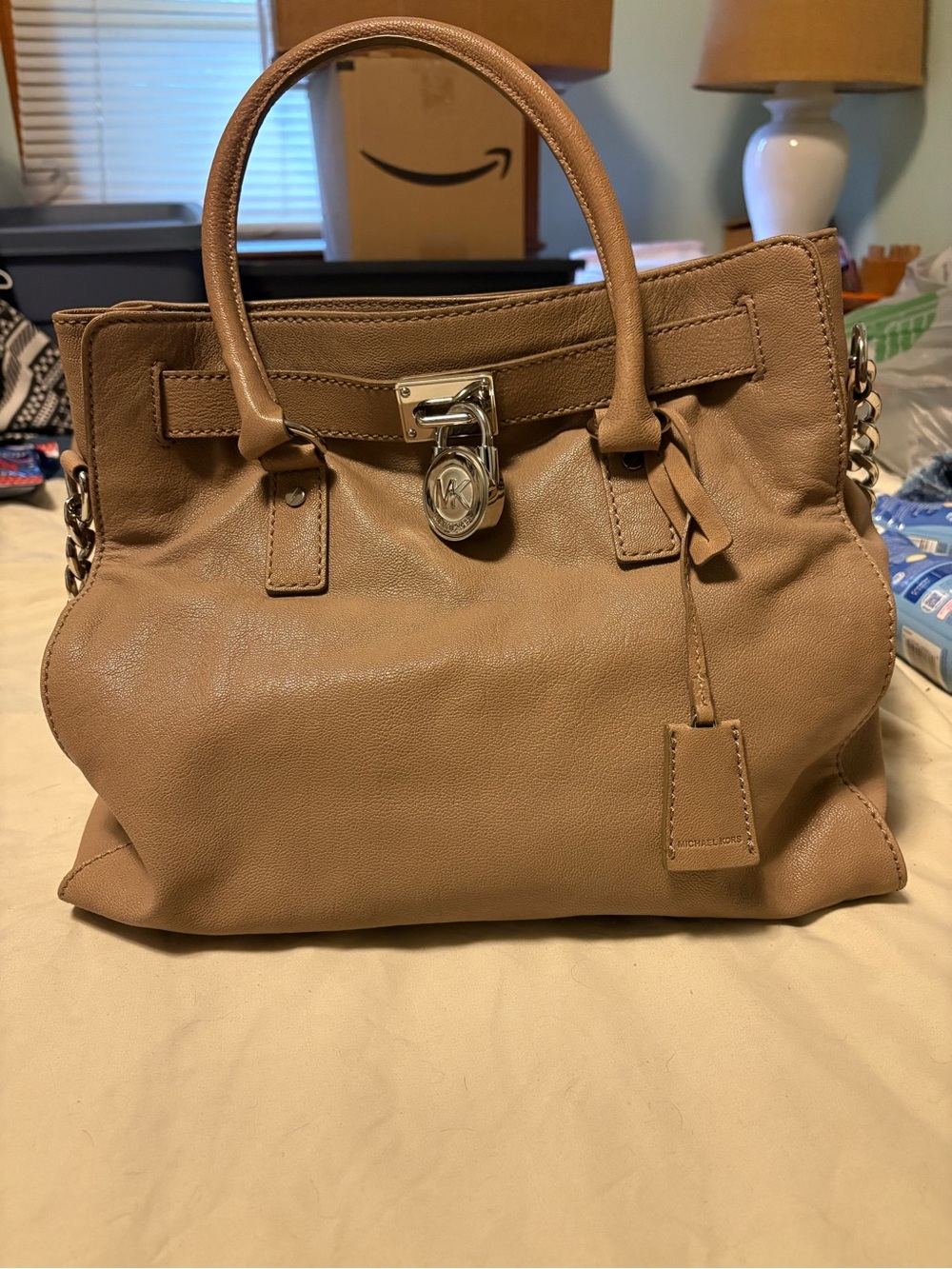 Michael Kors Tan Leather Satchel with Silver Padlock